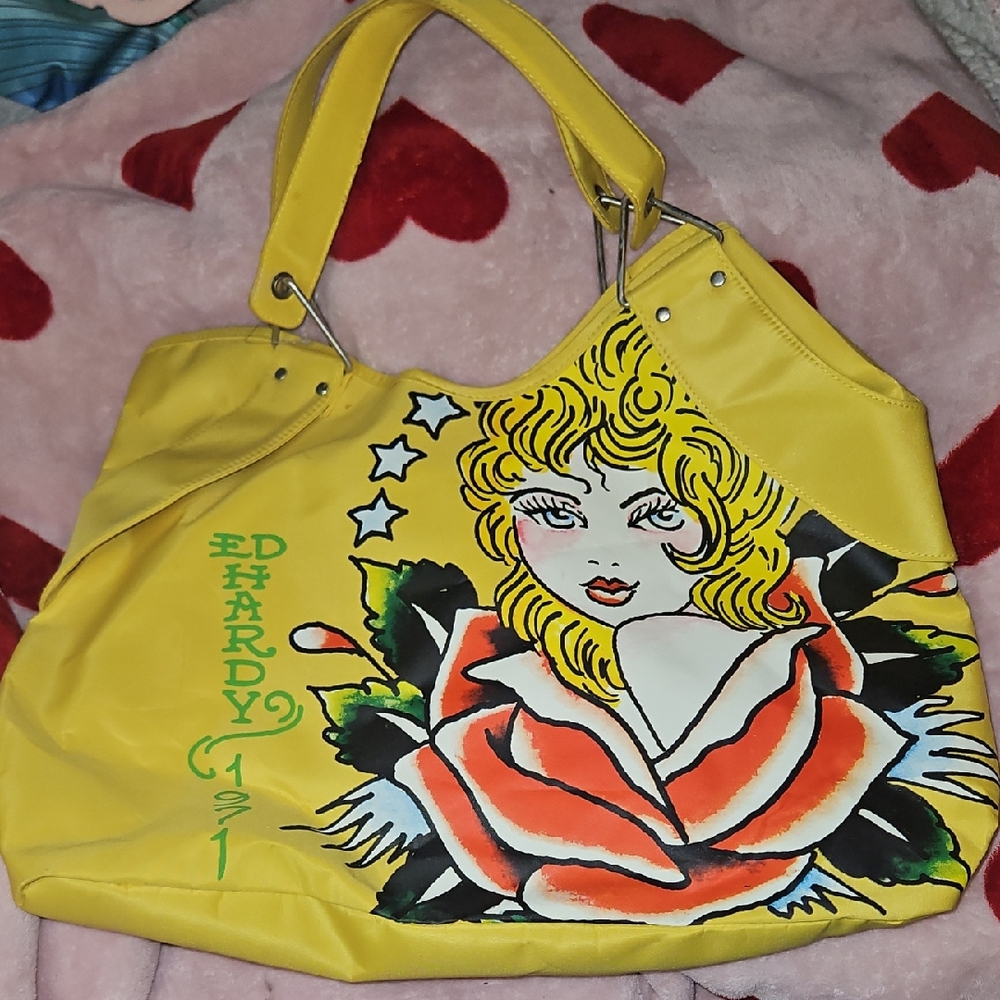 Ed Hardy Yellow Graphic Shoulder Bag